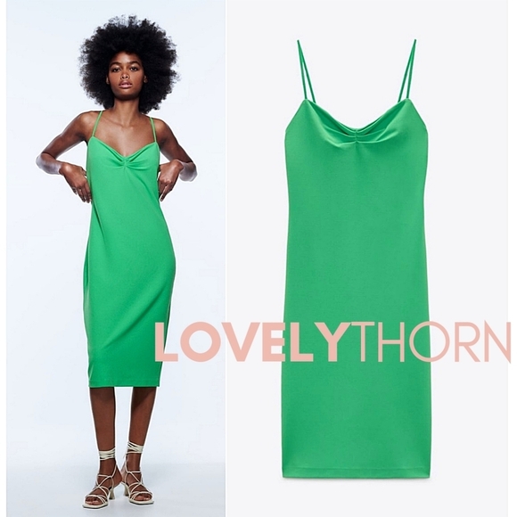Zara Dresses & Skirts - ZARA // green ruched adjustable straps midi slip dress